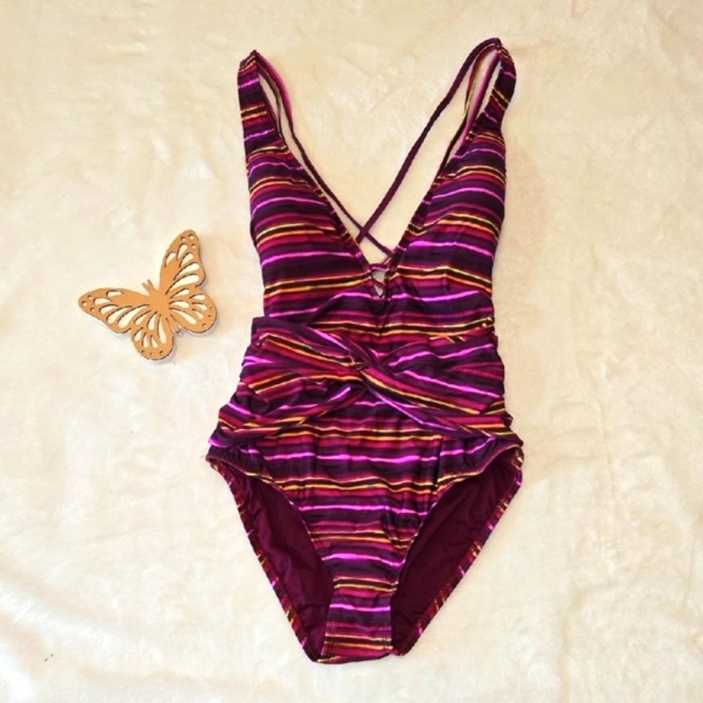 New Athena Purple Pink Front Twist One Piece Swimsuit Crisscross Back Size 10